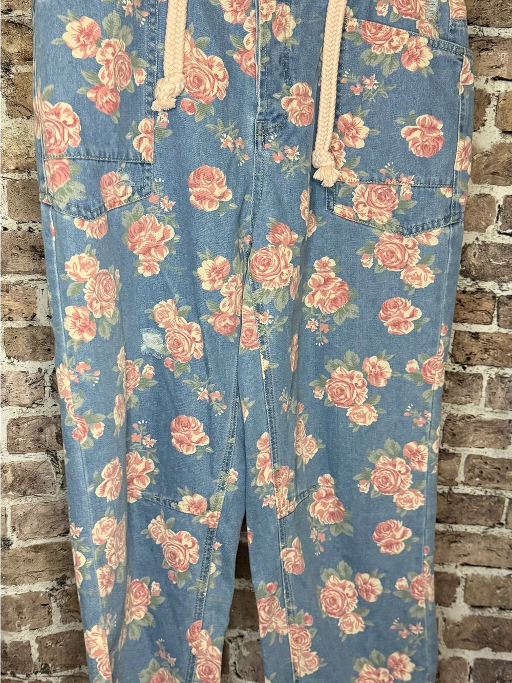 BiBi Blue Denim Overalls with Pink Rose Print
